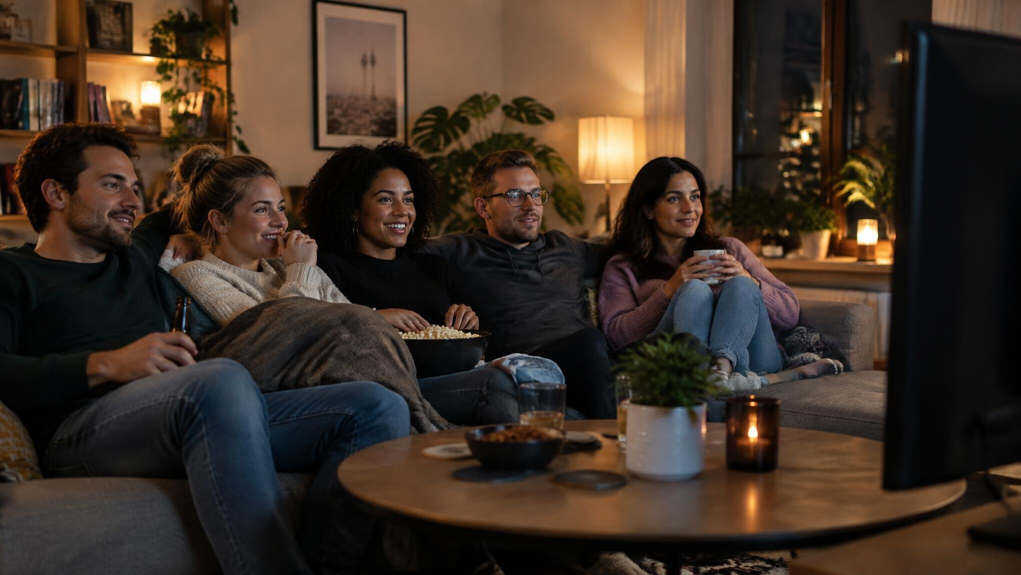 Group of people watching a streaming show together on a couch